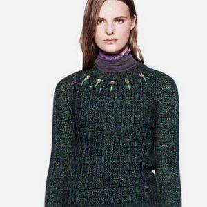 Tory Burch Lucy Metallic Bug Beetle Jeweled Embellished Green Sweater Size XS